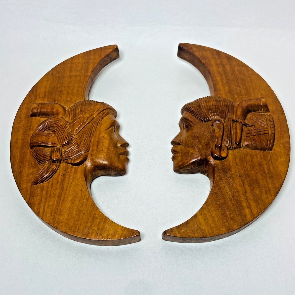 Vintage Pair of Native American Indian Wooden Carved Moons Wall Hangings‎